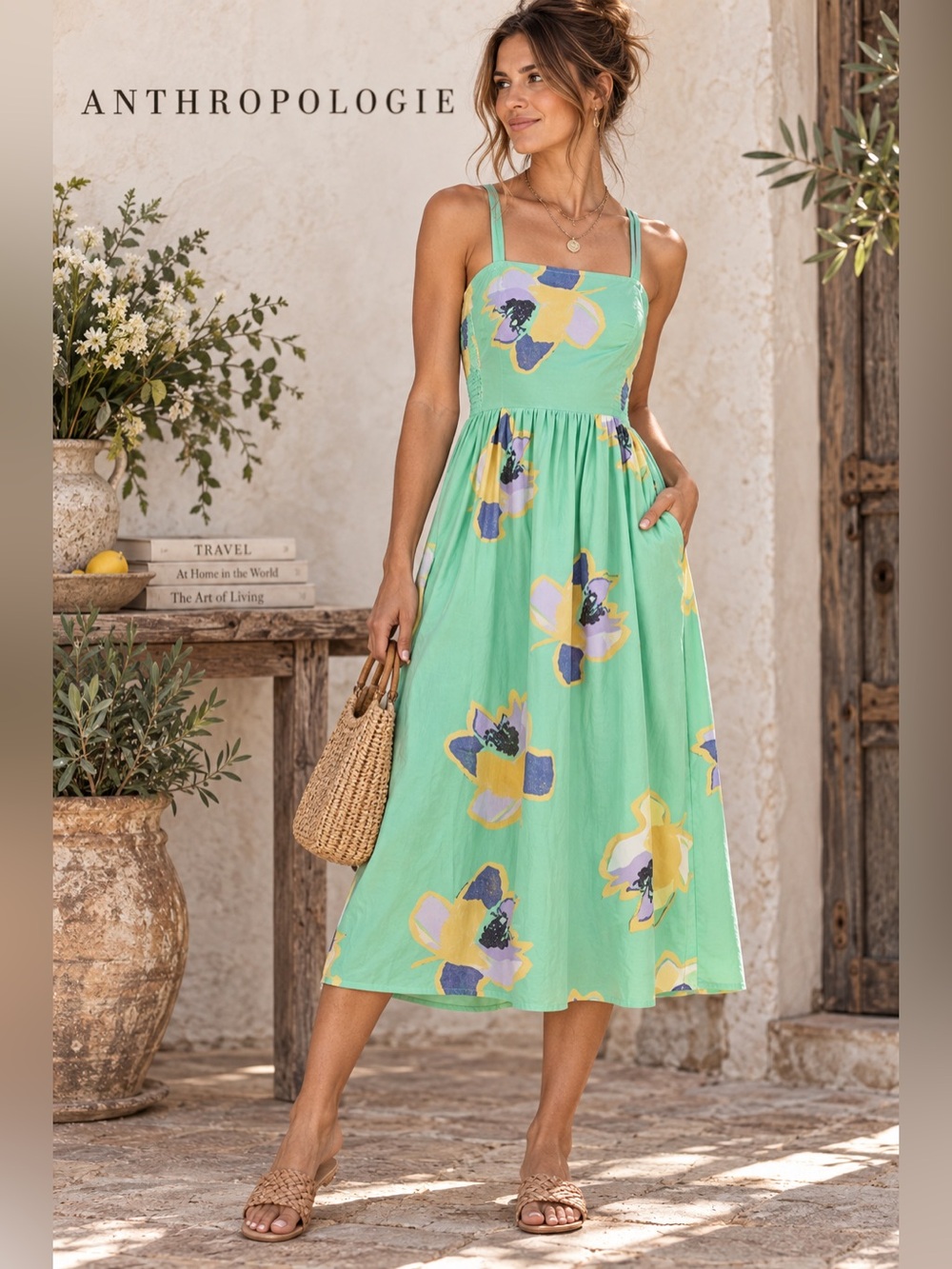 Anthropologie Corey Lynn Calter Sketchbook Dress L Mint Floral Midi Pockets